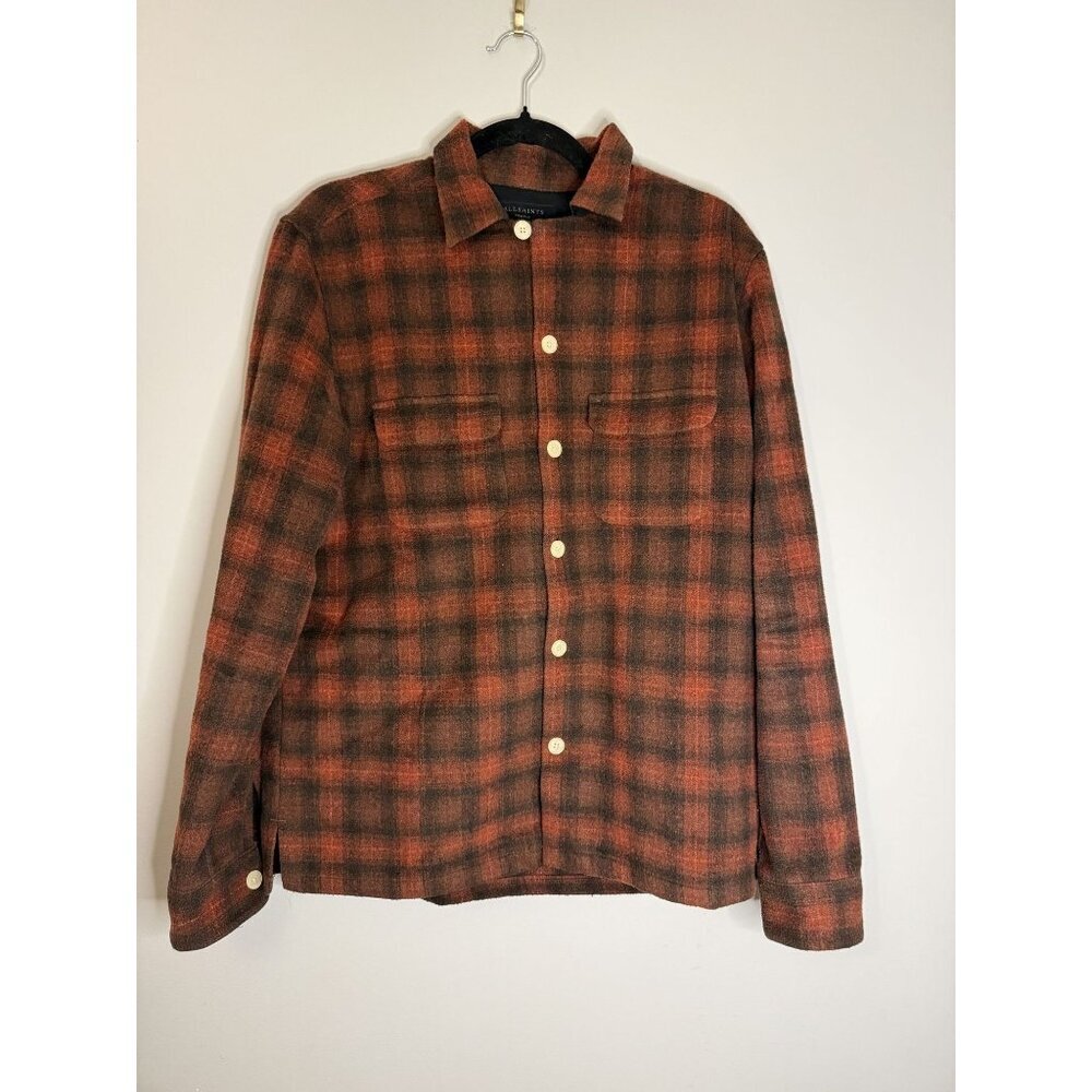 NEW AllSaints Mens Bernstadt Heavy Flannel Shirt Red Black Plaid Size M [jb]